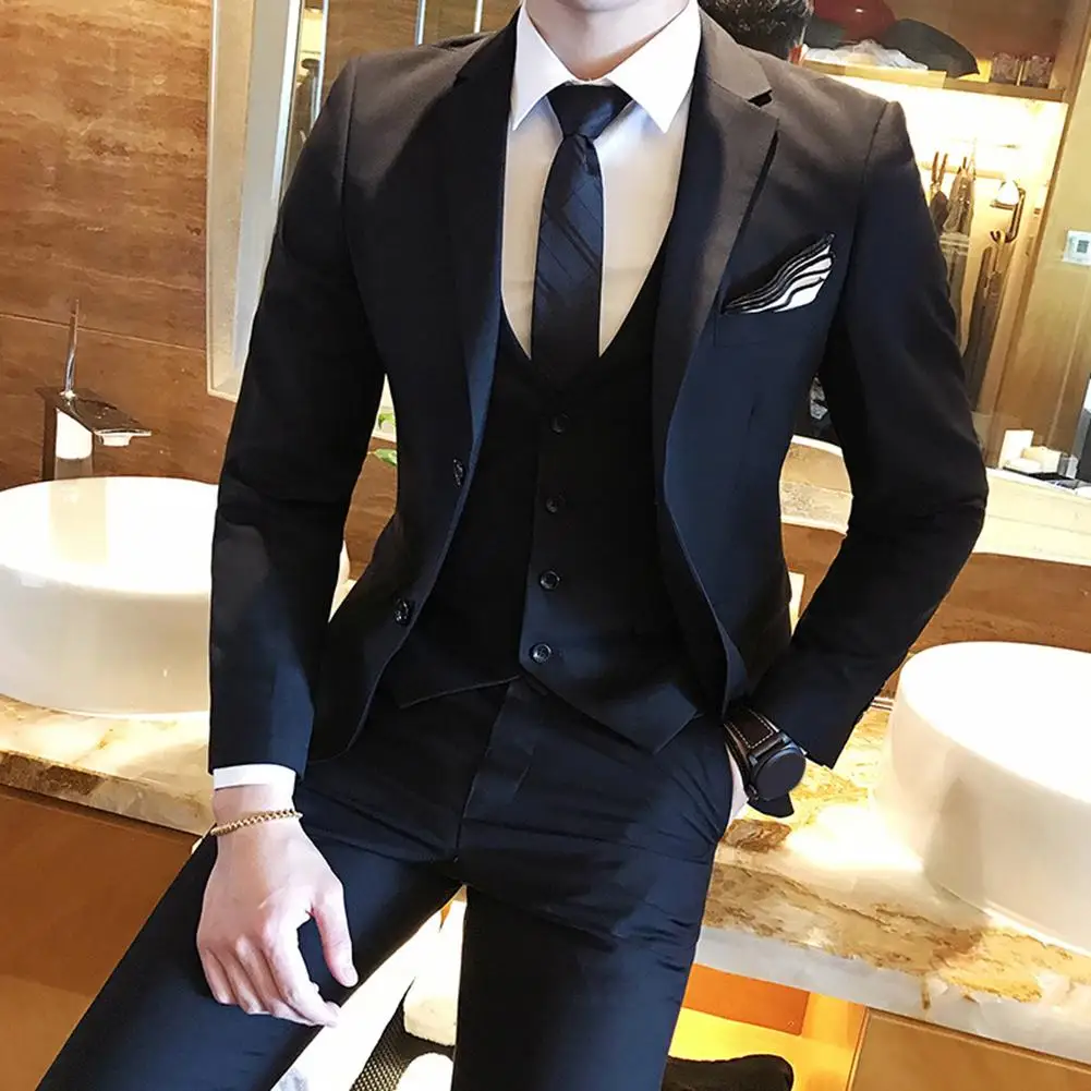 2020 גברים סתיו מוצק צבע דש צווארון מעיל מעיל אפוד מכנסיים חליפת העסקים להגדיר רשמית לעבוד ללבוש.