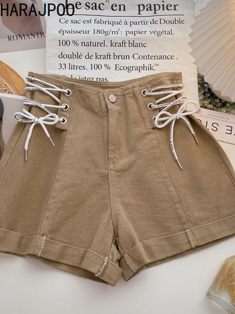 מכנסיים קצרים Harajpoo נשי מוצק תחרה עלייה גבוהה דנים יחיד עם חזה בקיץ 2022 סקסי קוריאנית סלים להאריך ימים יותר ורוד קצר ההגירה ג ' ינס