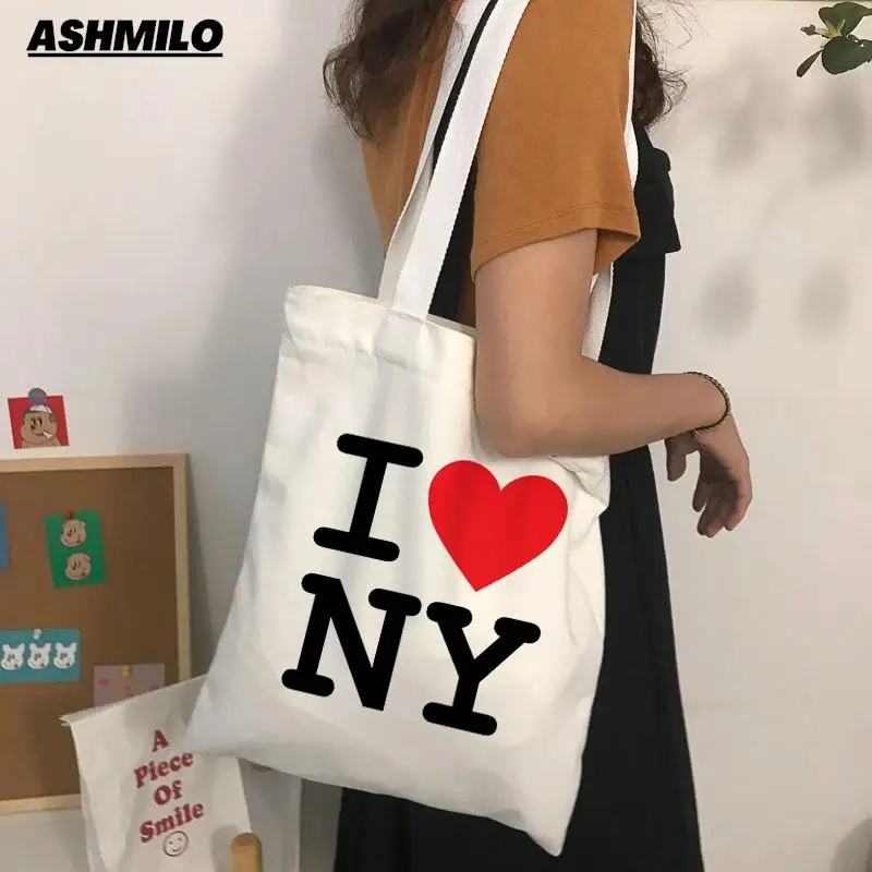 אני אוהב את ניו יורק מודפס Kawaii תיק Harajuku קניות בד קונה שקית בחורה תיק תיק כתף ליידי תיק קניות Bolsas De Tela