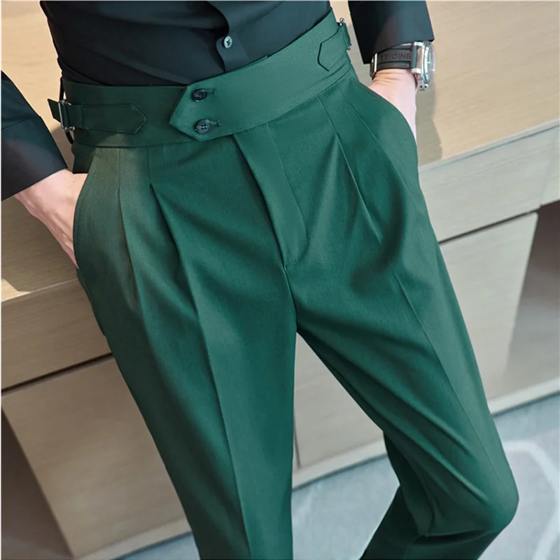 בסגנון בריטי סתיו חדש גבוהה המותניים מכנסיים גברים חגורת עיצוב Slim Fit חליפת מכנסיים המשרד חברתית מסיבת חתונה רשמית מכנסיים Hommes