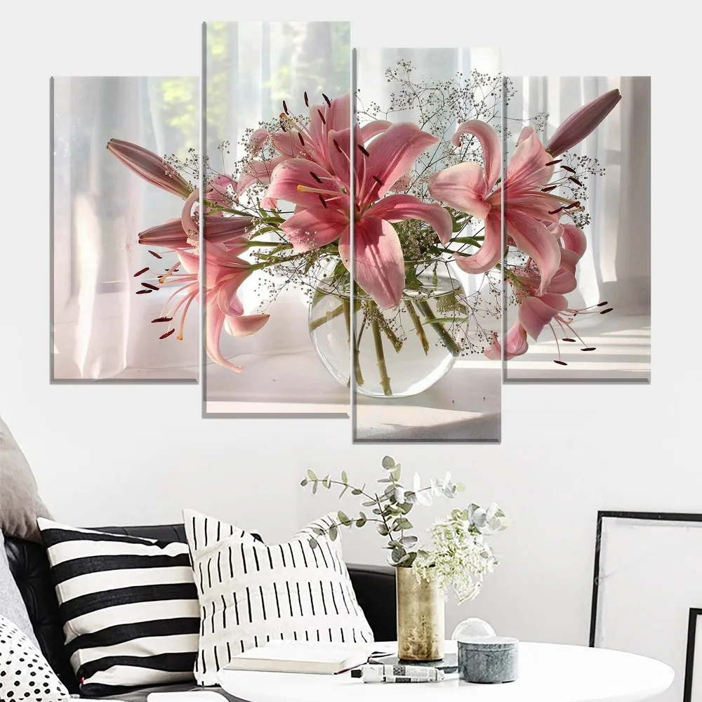 הדפסי בד ציור קיר אמנות פוסטר 4 יח ' ורוד לילי זר הפרחים באגרטל מודרני עבור סלון הבית עיצוב מודולרי התמונה