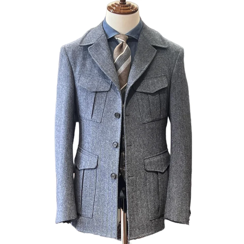 גריי החורף טוויד אדרה חליפות גברים בלייזר ספארי ג ' קט עם ארבעה המעטפה בכיס/עיצוב ייחודי מזדמן בגדי גברים מעיל