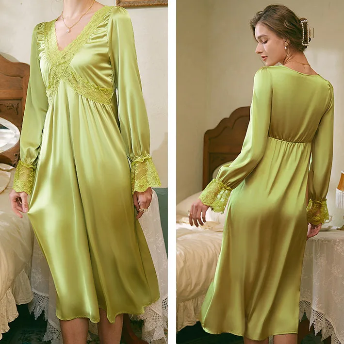 V-צוואר כתונת נשים סאטן שרוול ארוך הלבשת לילה Nightdress ארמון בסגנון רטרו קימונו חלוק אלגנטי Loungewear
