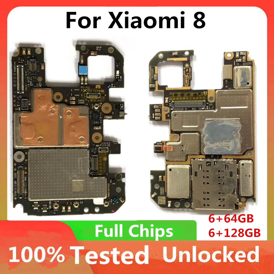 סמארטפון לוח האם Xiaomi Mi 8 64GB 128GB המקורי. הגירסה העולמית הראשי לוח מלא נבדק לתיקון מעגלים לוח 6gb