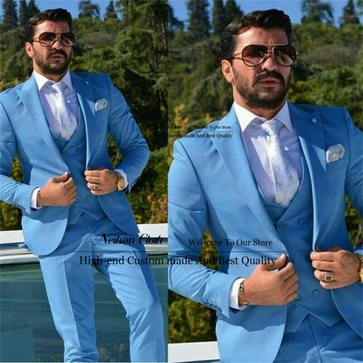 אופנה כחול שמיים חליפות גברים לשיא דש חתן חתונה חליפות 3 חלקים קבוצות עסקים זכר הנשף בלייזרס Slim Fit תחפושת Homme