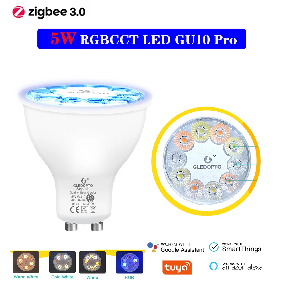 GLEDOPTO חכם 5W RGBCCT LED GU10 ZigBee Pro 3.0 חכם את אור הזרקורים לעבוד עם אקו אלקסה SmartThings Tuya אפליקציה שליטה קולית