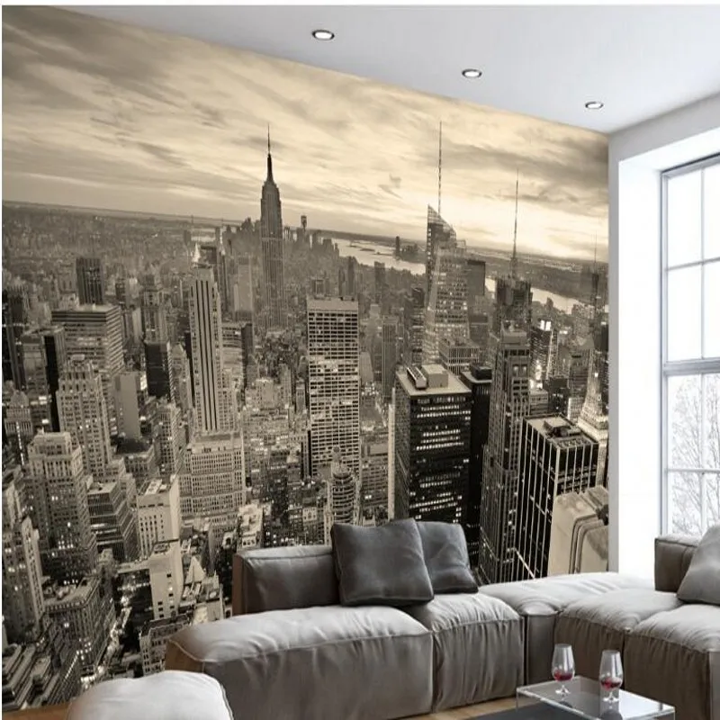 wellyu מותאם אישית, ציורי קיר אירופאי רטרו ניו-יורק שחור לבן הארכיטקטורה העיר קומות ציורי קיר טפט אהבה טפט