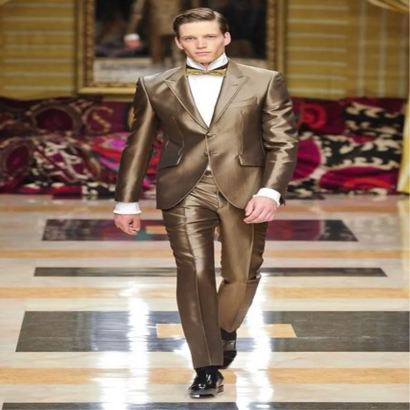 TPSAADE 2 חתיכות האחרון המעיל שאיפה עיצובים תחפושת זהב סאטן החליפה לגברים רשמית Slim Fit תאורה מותאמים אישית הבמה גברים חליפת טוקסידו