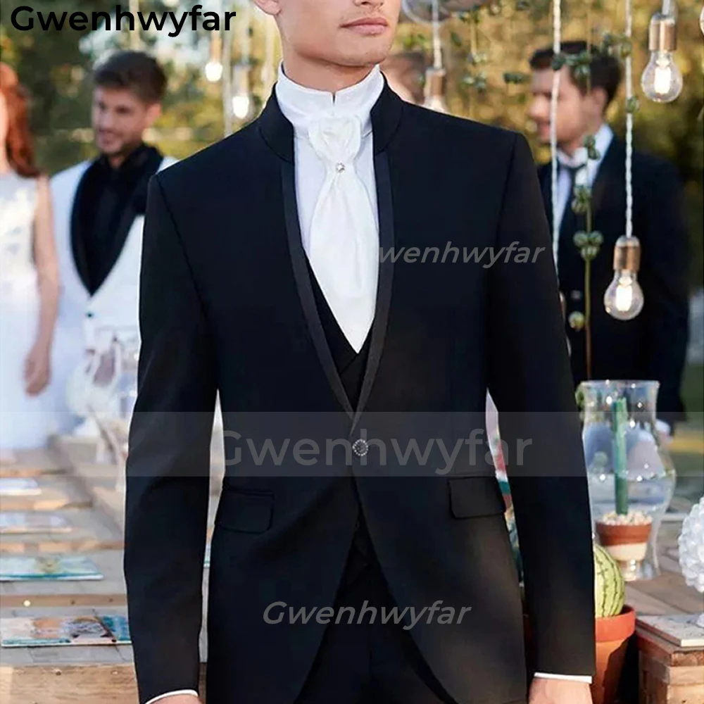Gwenhwyfar 3 חתיכות Slim Fit גברים חליפות ערב החתונה החתן לעמוד צווארון טוקסידו גברי אופנה מעיל אפוד מכנסיים
