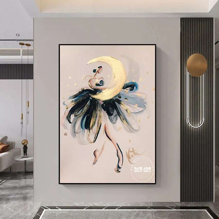 המודרנית העדכנית ביותר לעיצוב חדר השינה בד אמנות בלרינה ילדה עם הירח מופשט ציור שמן בית אמנות עיצוב אביזרים ממוסגרים