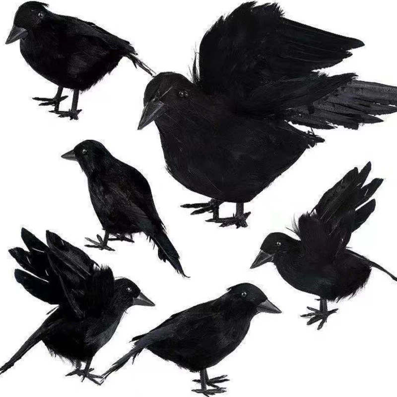 6 חתיכות ליל כל הקדושים שחור נוצות עורבים מציאותי ליל כל הקדושים קישוטים בעבודת יד עמוד עורבים שחורים ציפורים ליל כל הקדושים