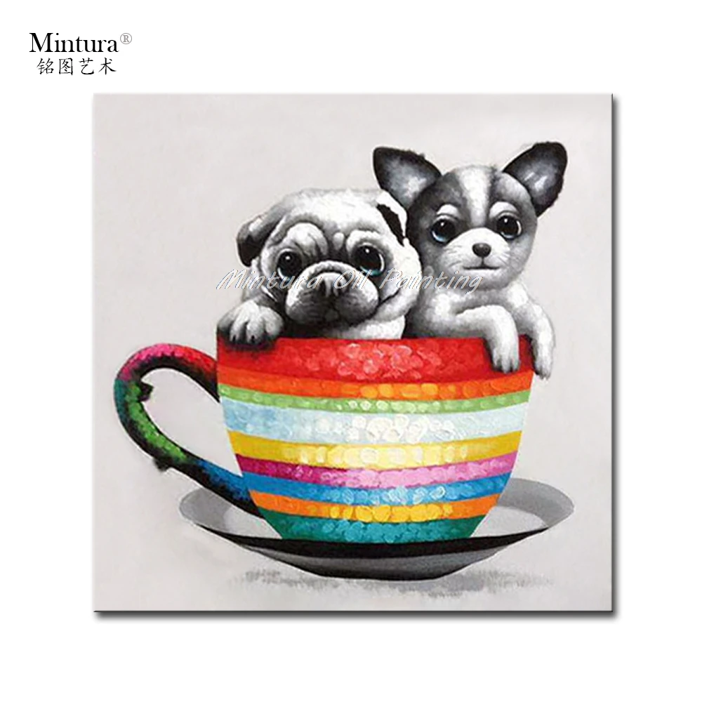 Mintura,ציור על הקיר בסלון אמנות קריקטורה שני כלבים בתוך כוס אקריליק Canva ציור שמן יד מצויר עיצוב הבית לא ממוסגר