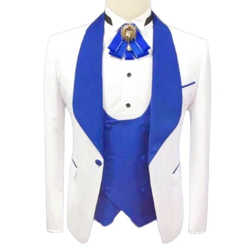 גברים חליפה 3 חלקים לבן כפתור אחד השושבינים כחול רויאל הצעיף דש החתן חליפות חתונה נשף השושבין בלייזר עם מכנסיים