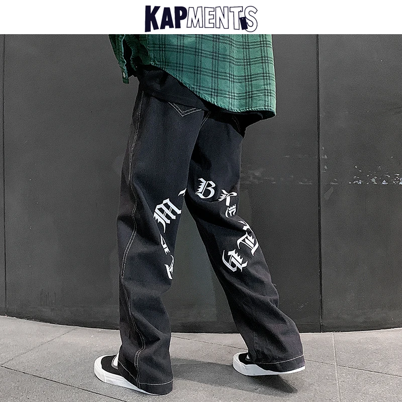 KAPMENTS גברים אופנת רחוב יפנית Harajuku ג 'ינס מכנסיים 2023 Mens בציר מכתב קוריאני ג' ינס מכנסיים זכר מזדמן אופנה רצים