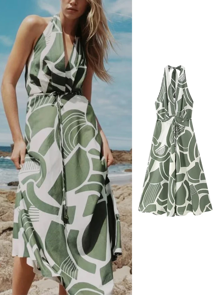 TRAF אישה 2023 הדפסה מחוך השמלה כתף ארוכה עם קפלים בציר Midi ללא משענת שמלת קיץ אופנתי נקבה מסיבת חוף שמלות