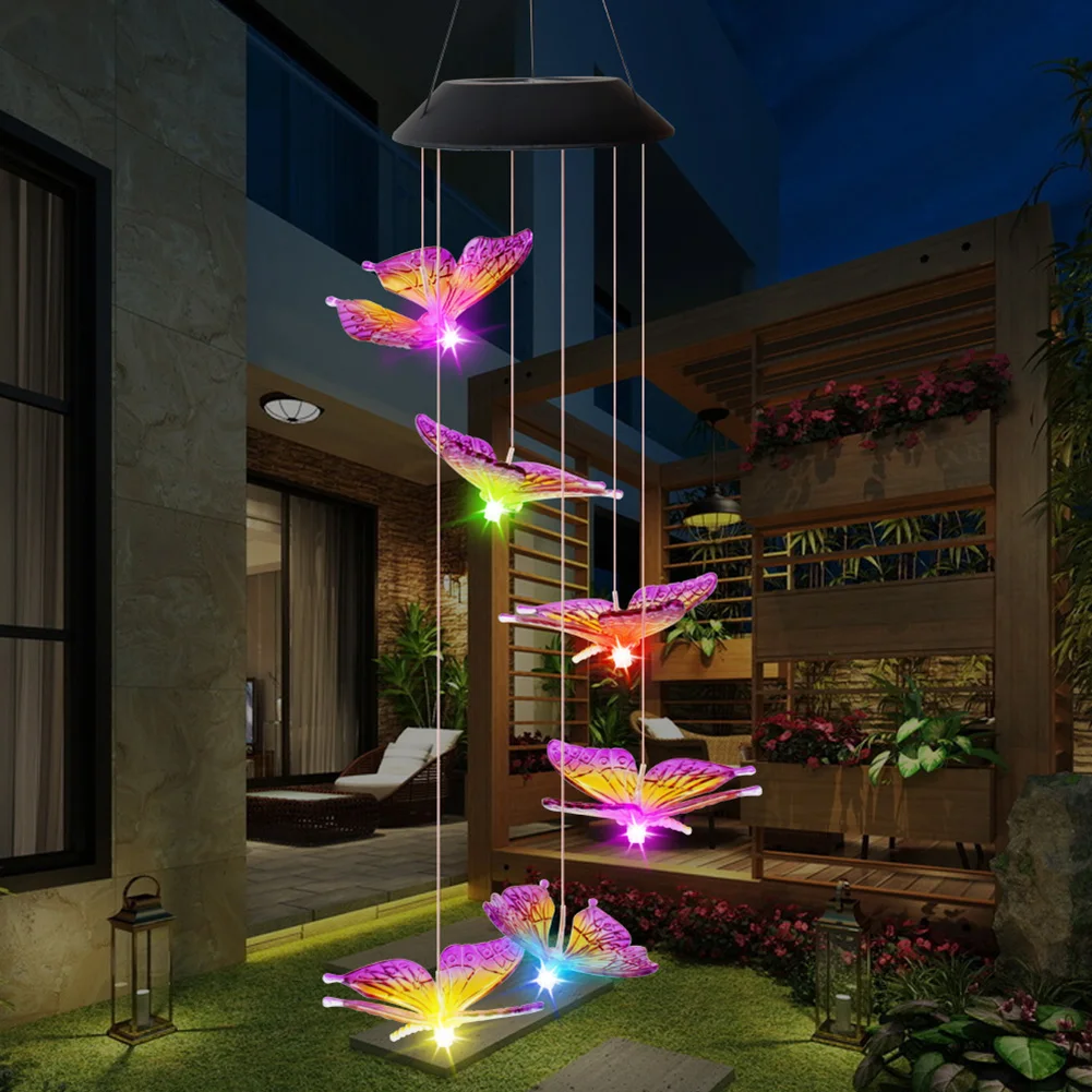 LED סולארית פעמון הרוח פרפר אור שינוי צבע עמיד למים חיצוני בחצר המנורה