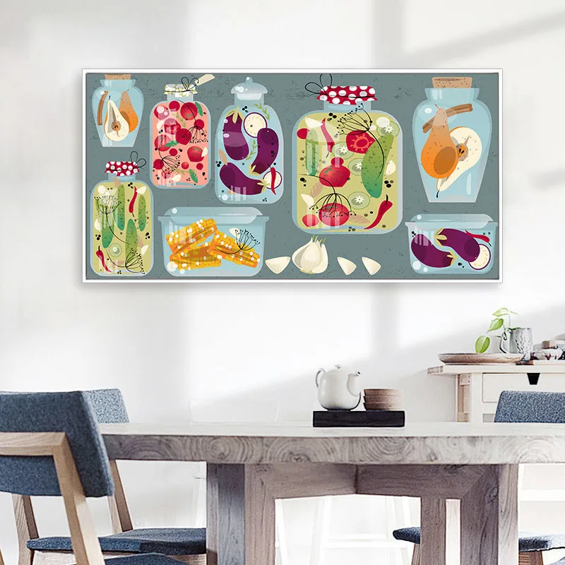 צבעי פירות בד הציור בר מטבח קישוט פוסטרים Hd הדפסה ירקות קריקטורה אמנות קיר התמונה בסלון