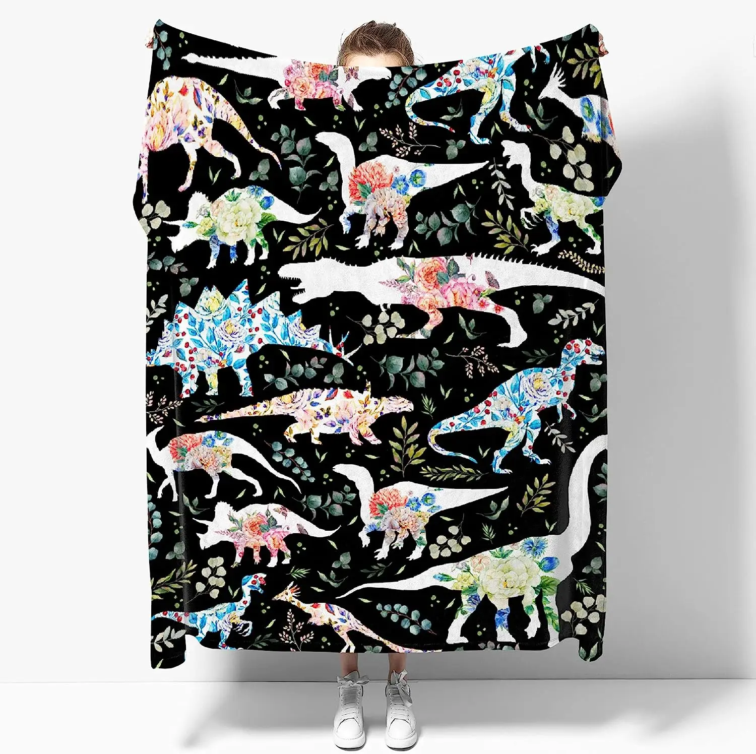 צבעוני פרחוני דינוזאור לזרוק שמיכה קלת משקל גיזת שמיכה מתנה עבור בנות בנים רכים בעלי חיים מצחיק השמיכה על המיטה.