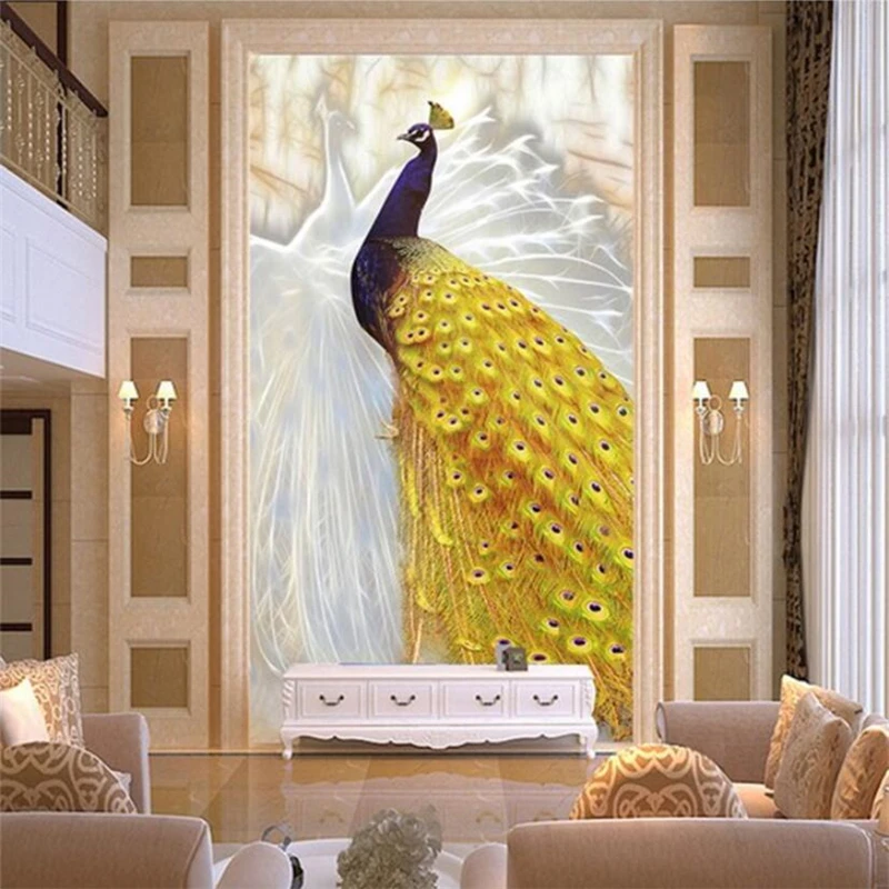 beibehang מותאם אישית 3D מרפסת גדולה ציור קיר מסדרון מסדרון מעבר רקע טפט מאשר כנפיים לעוף לבן צהוב טווס טפט 3d