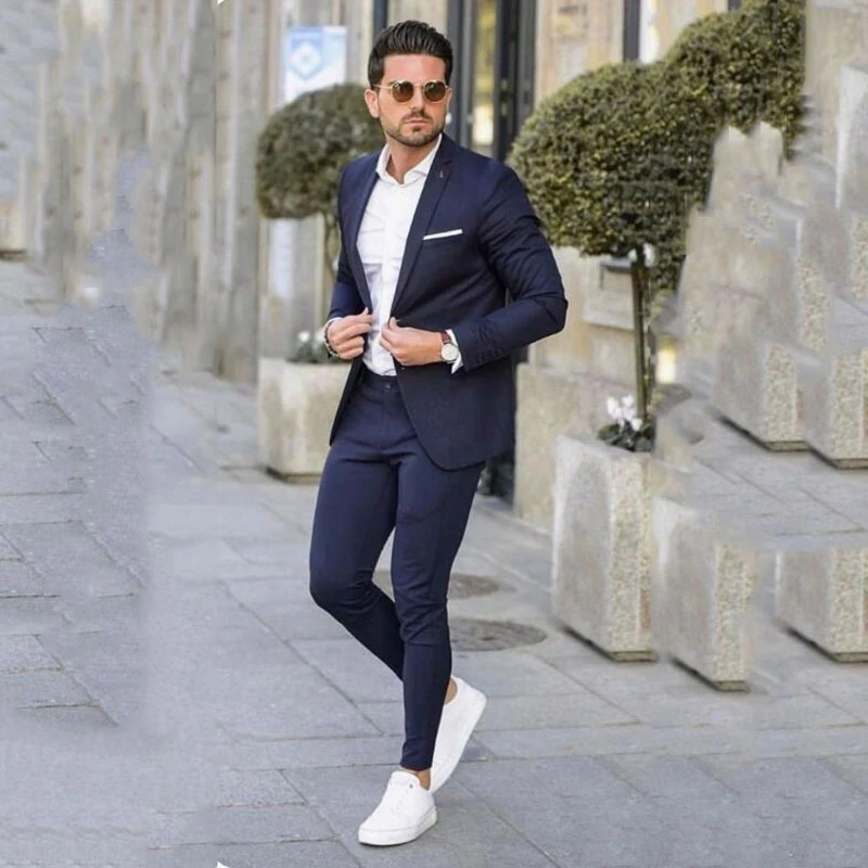 חליפות לגברים החתונה 2023 יחידה עם חזה כחול כהה מחורצים דש 2 יח '(ז ' קט+מכנסיים) ביקור רשמי Slim Fit תחפושת Homme