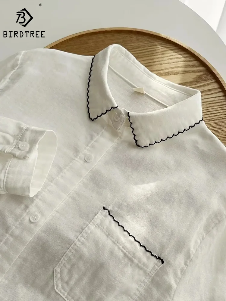 Birdtree כותנה חולצות לבנות הילדה האביב של זיגזג קטן צווארון כיסי חולצות חדשות מוצק צבע בסיסי מקסימום סתיו T32604Z