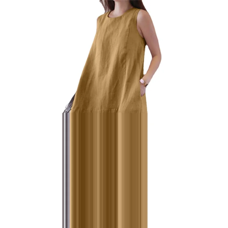 2023 שמלת הקיץ נשים כותנה, פשתן או צוואר רופף טנק שמלת וינטג ללא שרוולים שמלות לנשים