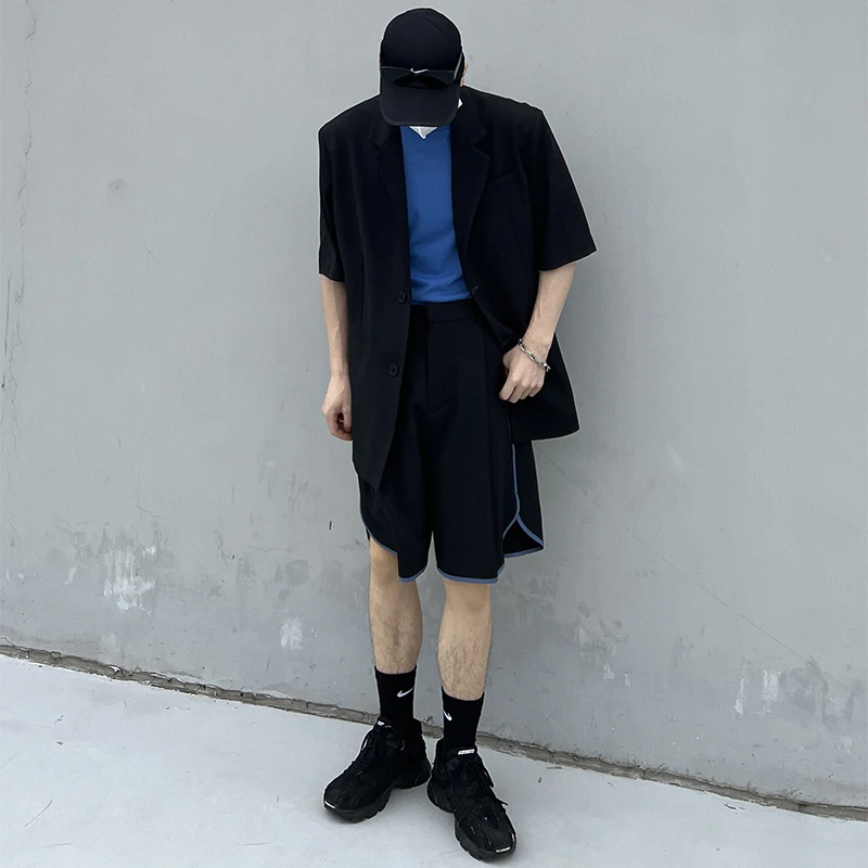 קוריאה סגנון שרוול קצר בלייזר גברים של צבע מוצק אופנה מזדמנת Mens ז ' קט אופנת רחוב שחור חופשי מעילי גברים