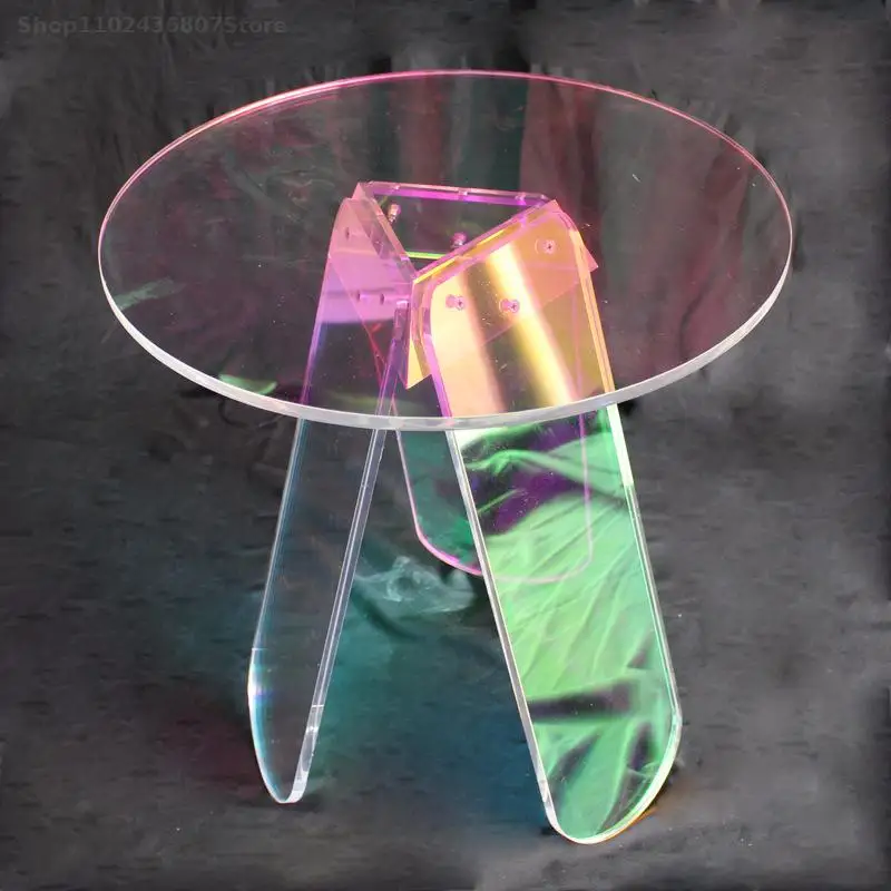 זוהר אקריליק שקוף, שולחן צד להציג מעצב עגול צבעוני קשת ברור ססגוני יצירה שולחן קפה