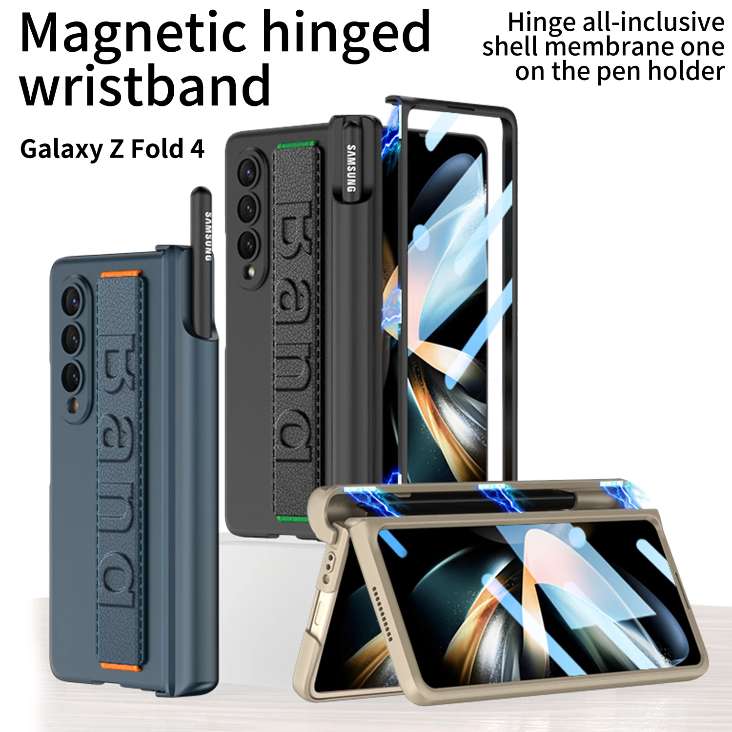 GKK דק צמיד אחיזה Case For Samsung Galaxy Z קיפול 4 3 מגנטי ציר S-מחזיק עט רצועת היד מכסה זכוכית מגן