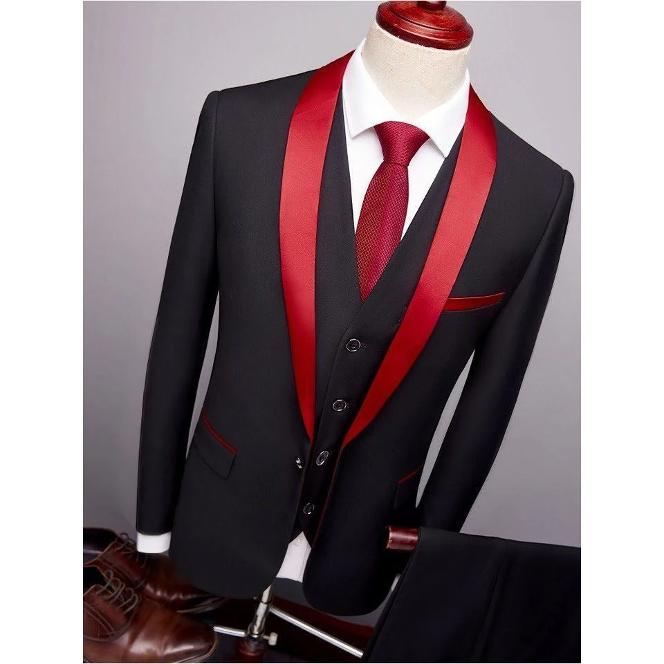 Mens אדום צעיף צווארון החליפה ל-2021 חתונה בהזמנה אישית שחור מעשן ג ' קט טוקסידו 3 חתיכה להגדיר החתן Terno חליפות לגברים