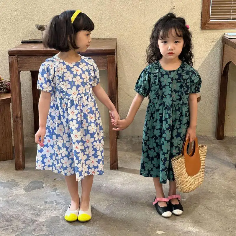 ילדה פרח שמלה חמודה ילדים אופנה פאף שרוולים שמלות 2023 התינוק החדש נסיכה שמלות בנות בציר כותנה הדפסה שמלות