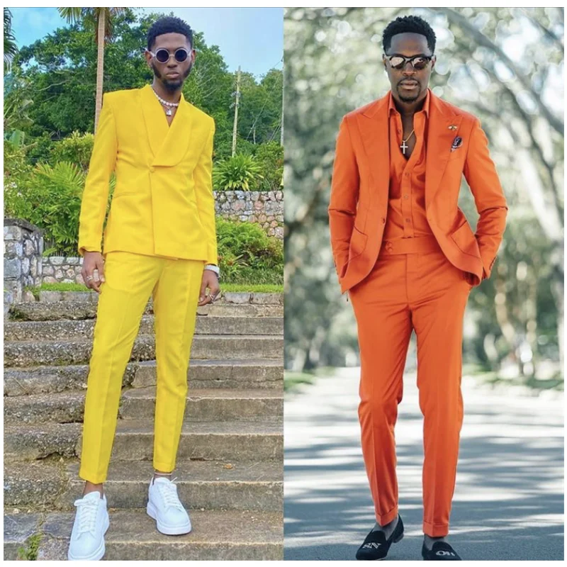 אפריקה אופנת רחוב צהוב כתום חליפות גברים חתן חתונה חליפות Slim Fit הנשף בלייזר Terno Masculino 2 חתיכות ג ' קט+מכנסיים